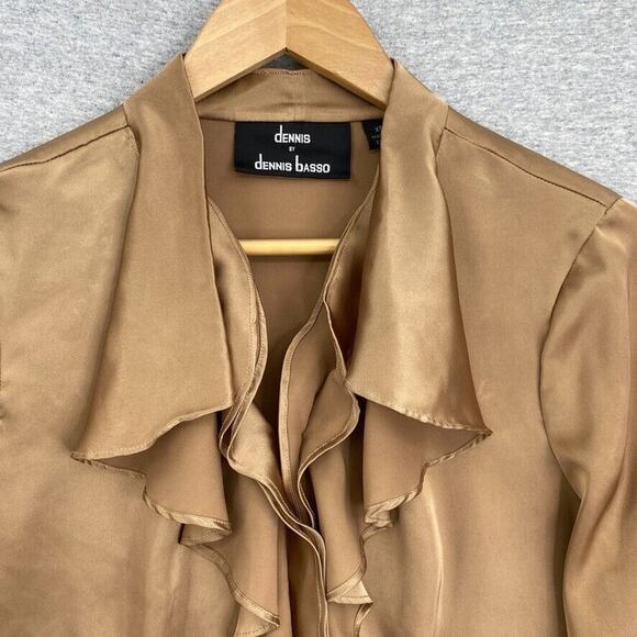 Dennis Basso Blouse Womens Extra Small Brown Silky Button Up Long Sleeve Ruffle - Picture 9 of 13